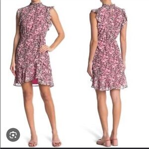 Sam Edelman Pink Floral ruffled mock neck dress